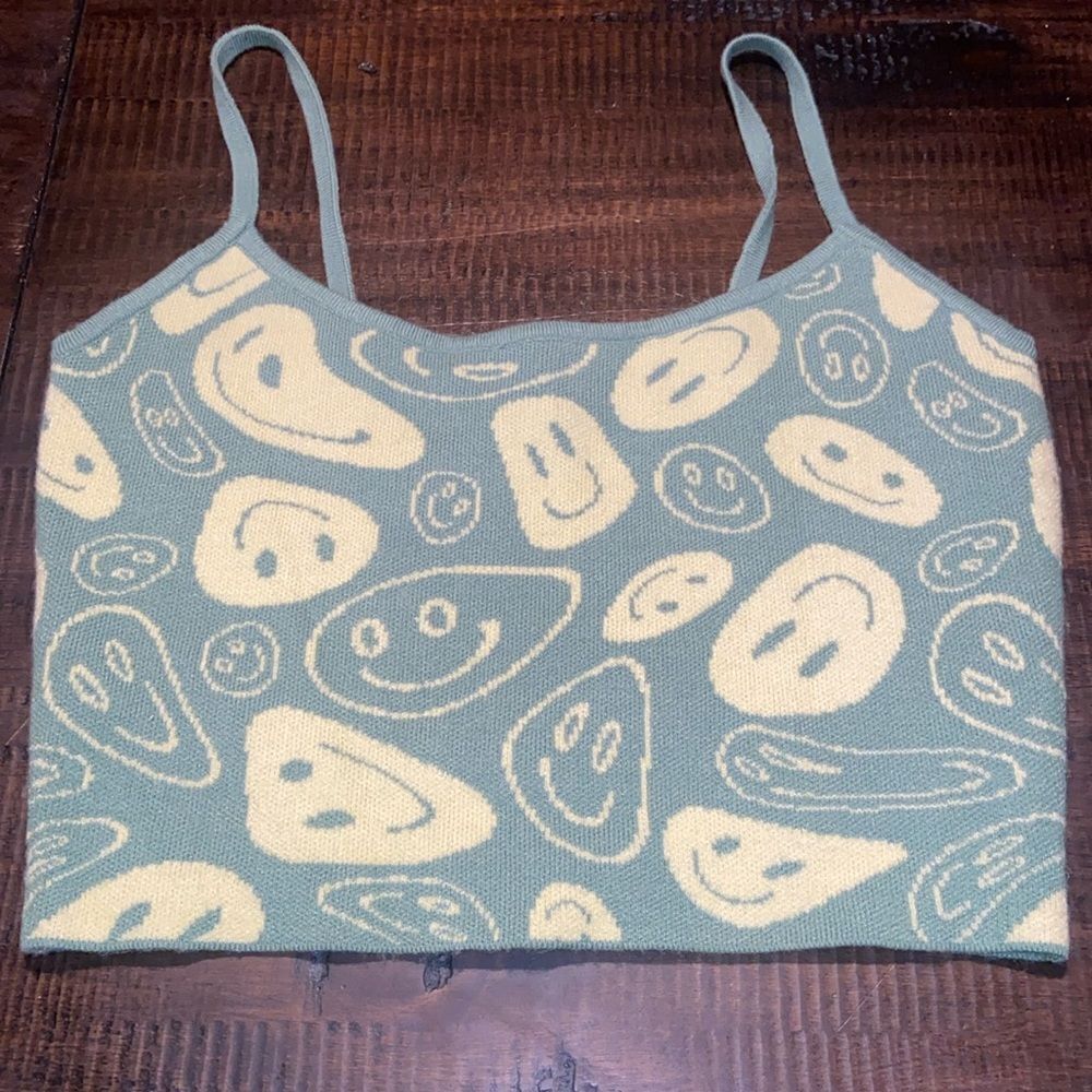 Smiley Face Patterned Crop Top green and yellow Pacsun size small